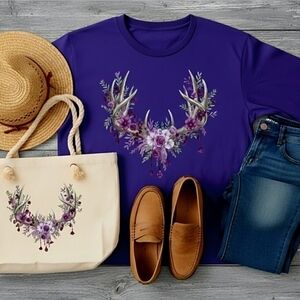 Floral Antler Long Sleeve Tee • Boho Country Top • Rustic Nature Shirt